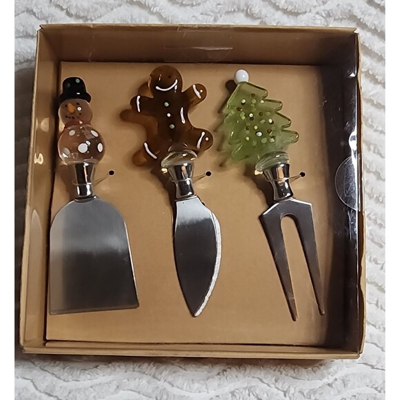 NEW Dennis East CHRISTMAS BlownGlassHandle CHEESE/HORS D'OUVRES 3pc Utensils NiB - Picture 1 of 9